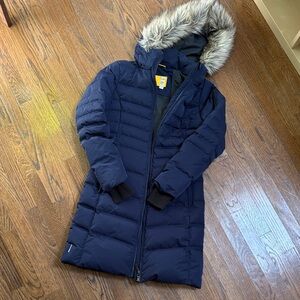 Lole Navy Long Down Puffer Coat with Faux Fur Hood